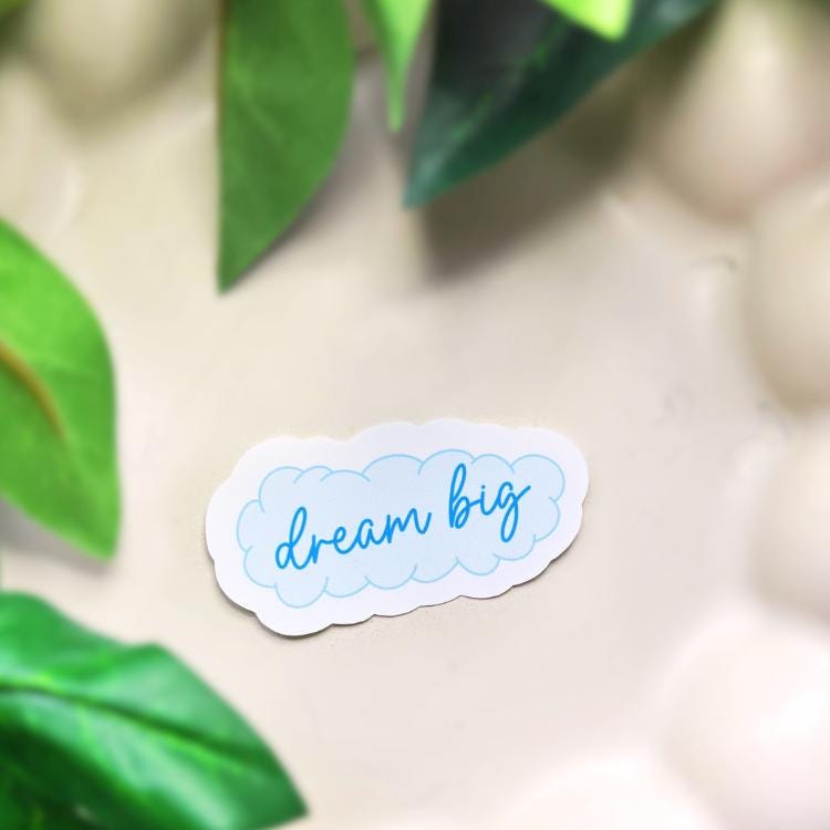 Sticker with 'dream big' text on a light background with green leaves
