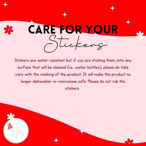 Instructions for caring for stickers on a red and pink background with decorative elements. Full details are in the description.