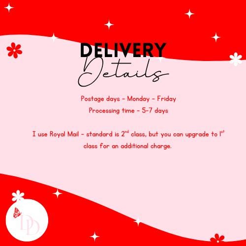 Delivery details text on a red and pink background with decorative elements. Full details are in the description.